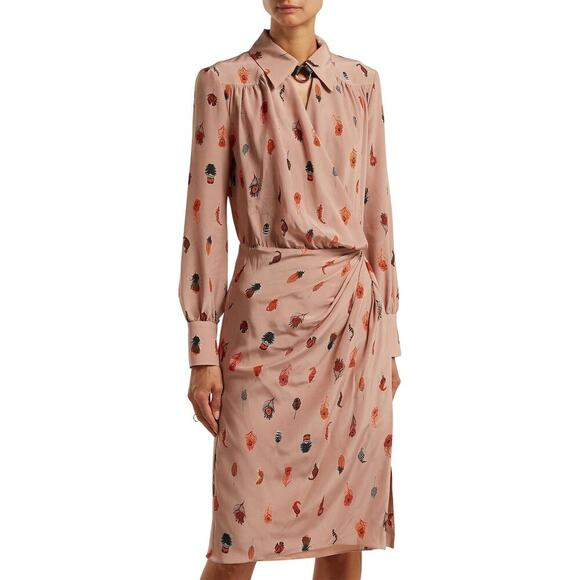 Altuzarra Kat Feather Printed Silk Midi Salmon Pink Dress 36 - Picture 2 of 12
